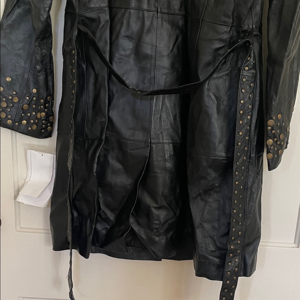 Vintage Pamela McCoy Black Gold Studded Leather Trench Coat - Picture 9 of 10